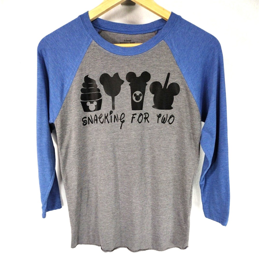 Disney Applique "Snacking For Two" Women's Maternity T-shirt Top XS Gray Blue